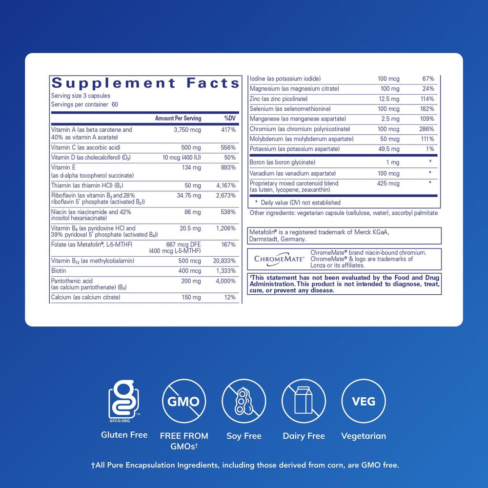 Pure Encapsulations Nutrient 950 A bottle label detailing copper and iron-free formula