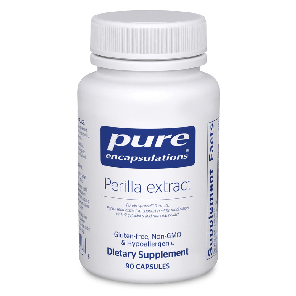 Pure Encapsulations Perilla Extract bottle highlights premium, allergy-friendly supplement.