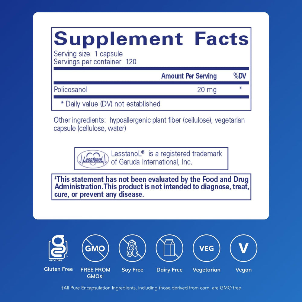 Close-up of Policosanol 20 mg label