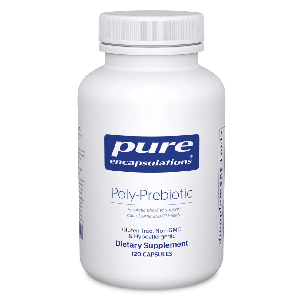 Front view of Pure Encapsulations Poly-Prebiotic bottle showing 120 capsules