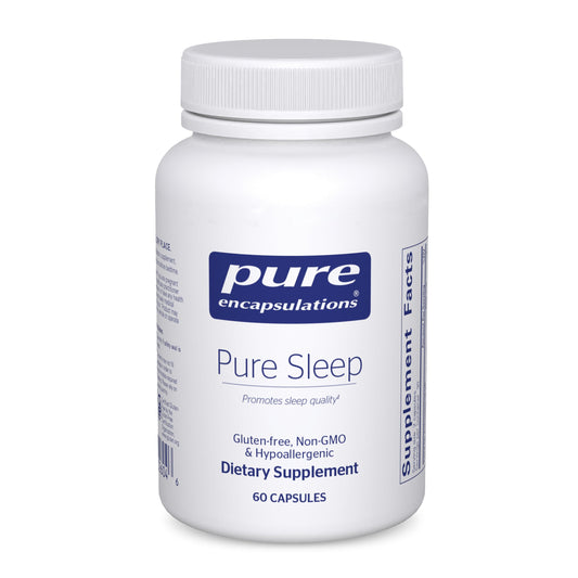 Pure Sleep bottle label featuring ashwagandha, saffron, and valerian