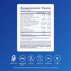 Capsules arranged in bottle highlighting activated B vitamins for methylation support.