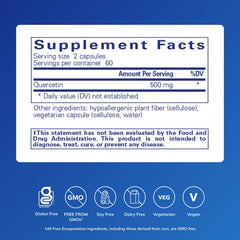 Close-up of Quercetin 500 mg bottle label showing gluten-free and non-GMO