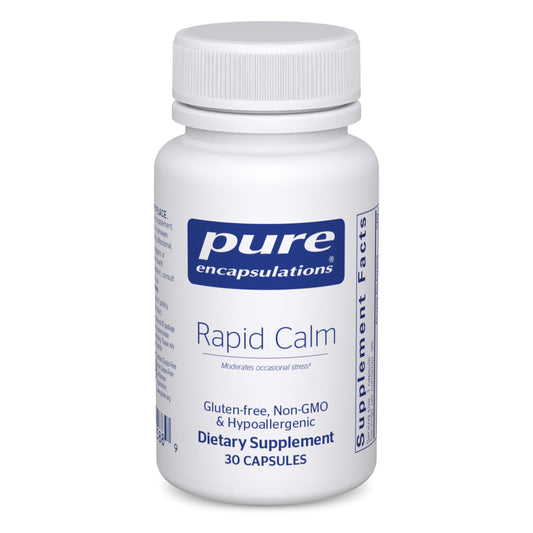 Front label of Pure Encapsulations Rapid Calm bottle showing 30 capsules