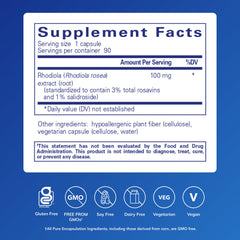Close-up of Rhodiola Rosea ingredients on the label