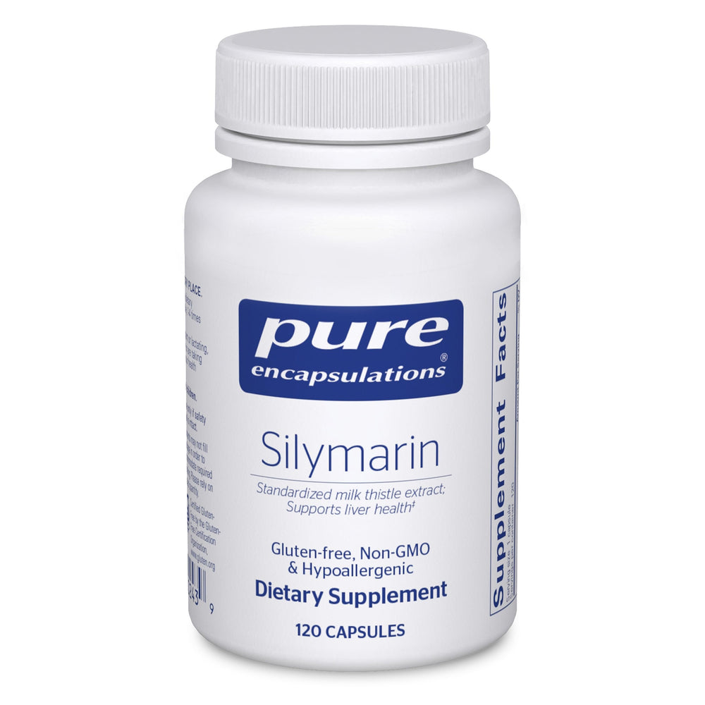 Bottle of Pure Encapsulations Silymarin 250 mg milk thistle capsules - 120 count