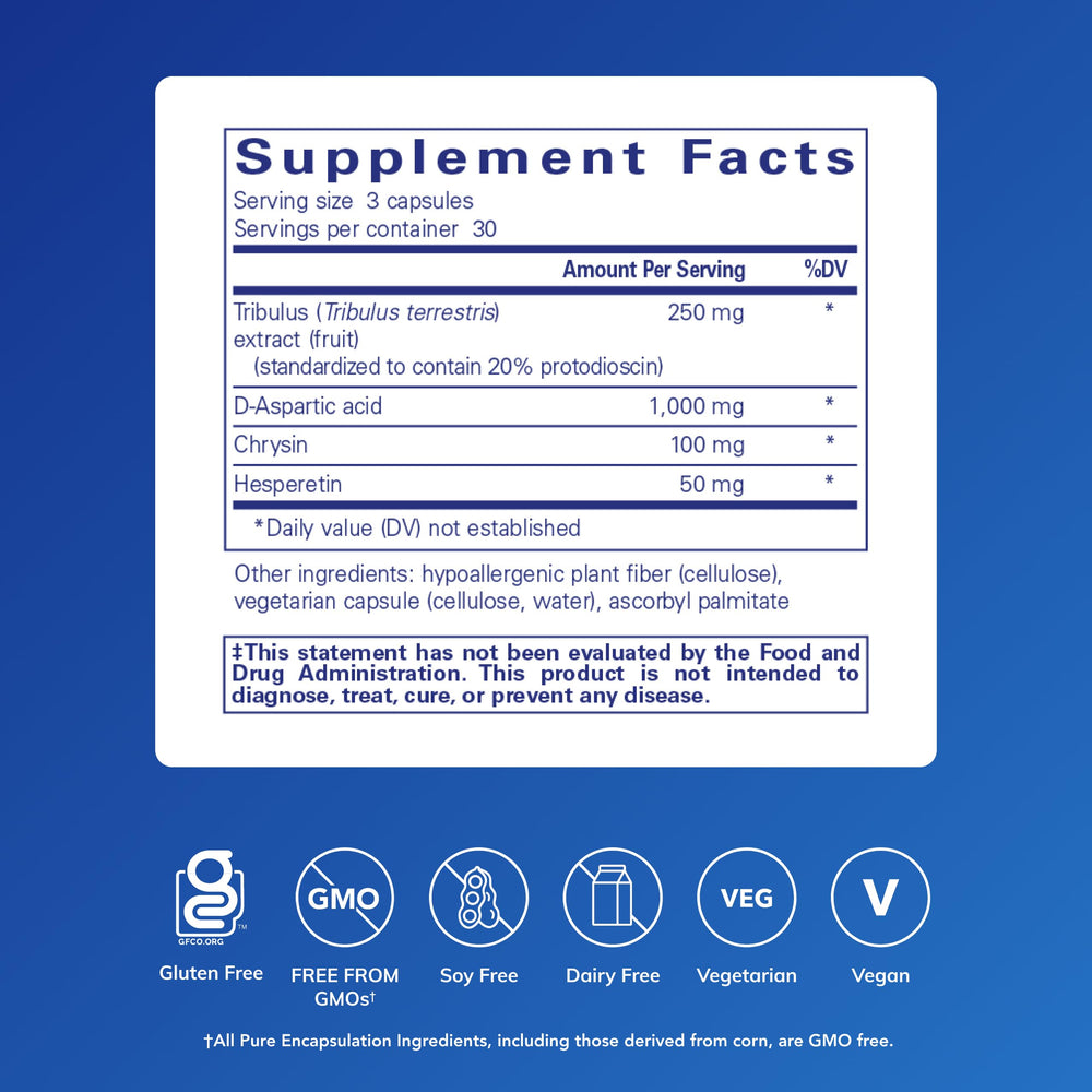 Pure Encapsulations Tribulus Formula label highlights standardized protodioscin and saponins.