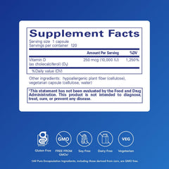 Close-up of Vitamin D3 250 mcg label on bottle