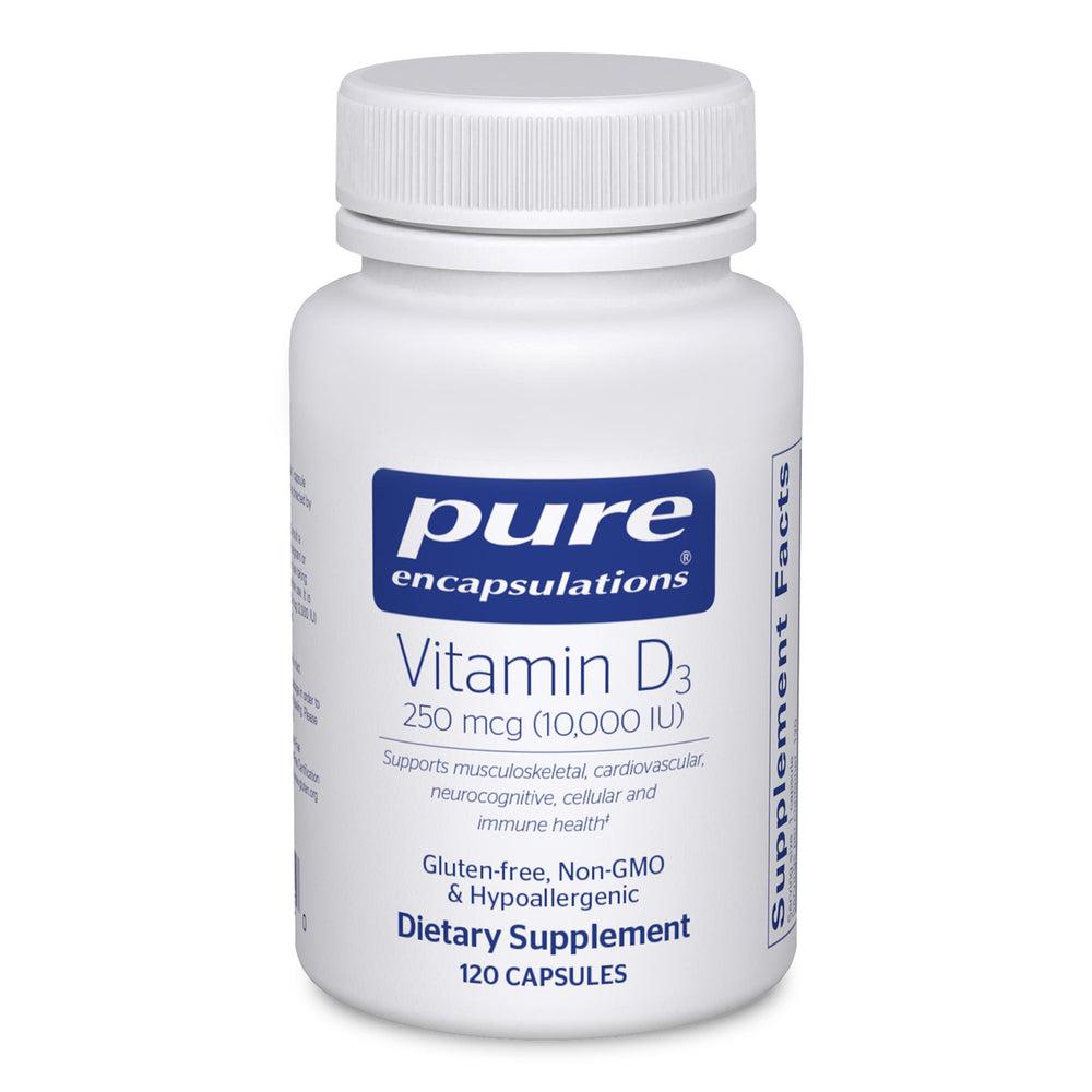 Pure Encapsulations Vitamin D3 bottle with 120 capsules; supports bone health.