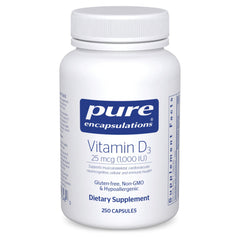 Pure Encapsulations Vitamin D3 bottle front promotes bone and immune health.