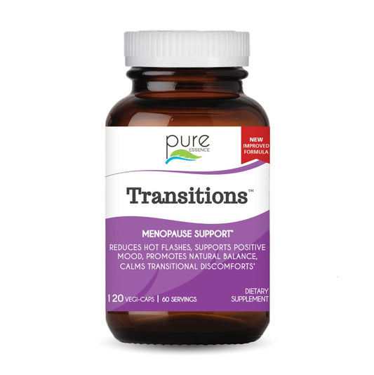 Pure Essence Labs Transitions bottle front shows natural menopause support option