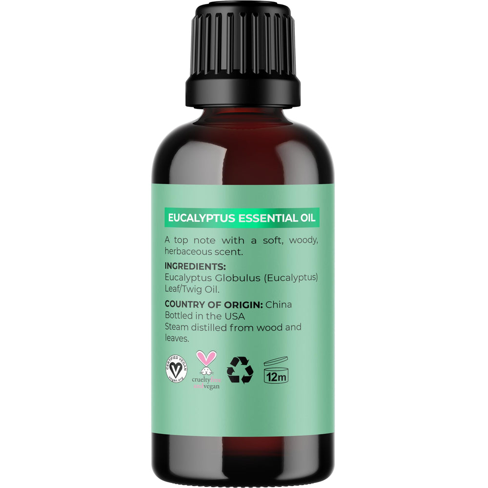 Close-up of bottle of eucalyptus essential oil