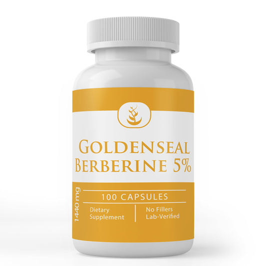 Bottle of Pure Goldenseal Berberine capsules with 100-count label