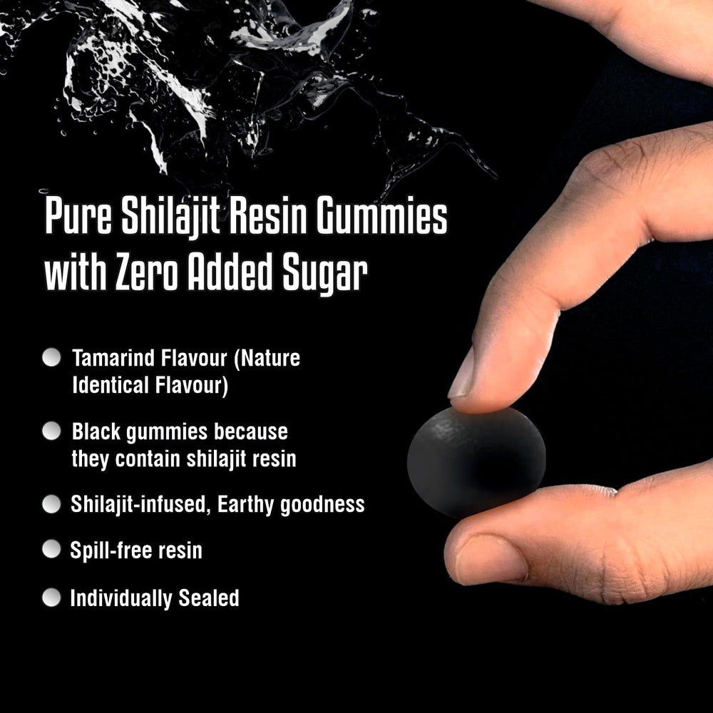Shilajit gummies label highlighting 75%+ fulvic acid and gold-grade extract