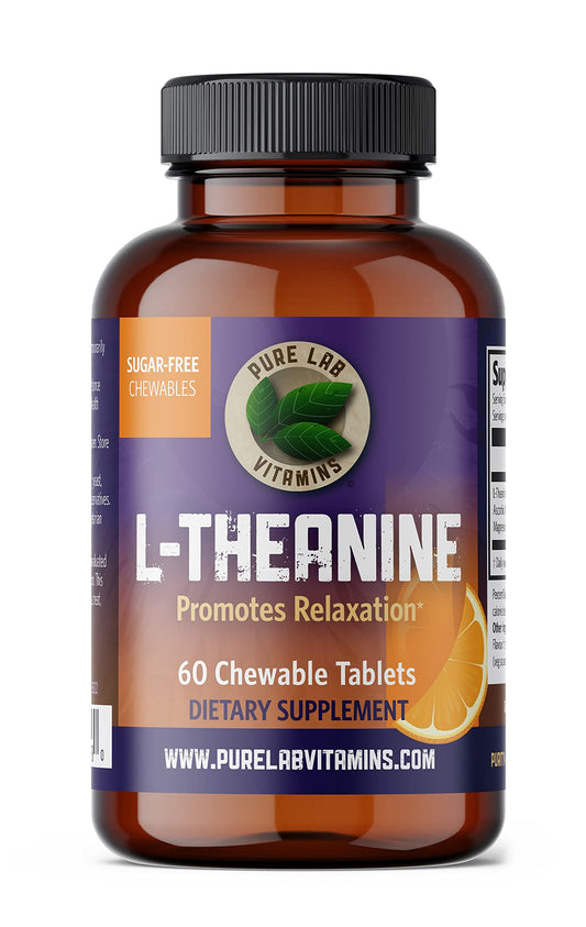 Front view of Pure Lab Vitamins L-Theanine 125 mg chewable tablets bottle