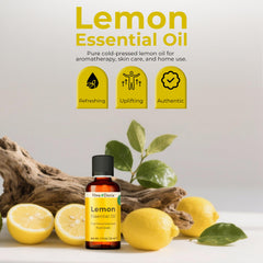 Front view of 30 mL lemon essential oil bottle