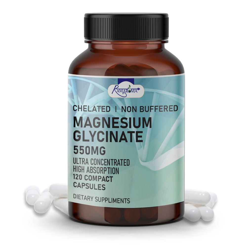 Bottle of Pure Magnesium Glycinate Capsules by Ramaroma – 120-count dual month pack