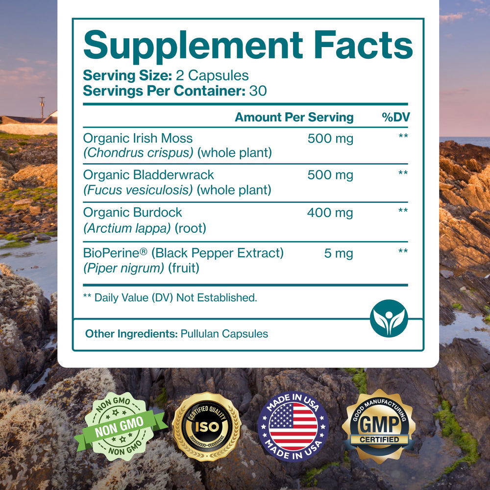 Nutrition label on the Sea Moss capsules bottle