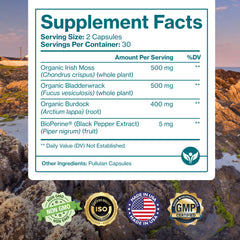 Nutrition label on the Sea Moss capsules bottle