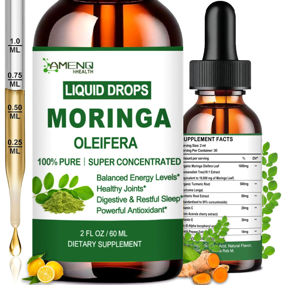 Bottle of Pure Moringa Oleifera liquid drops with turmeric and black pepper