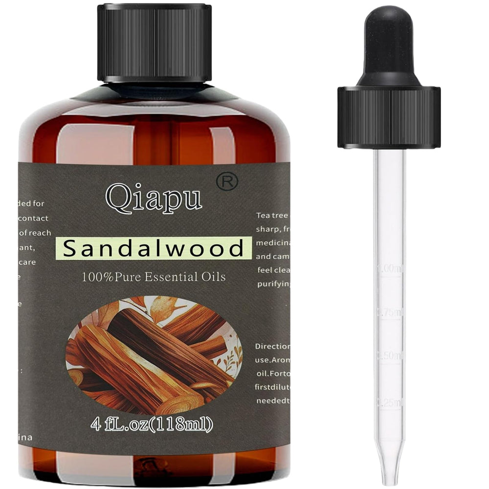 Bottle of pure natural sandalwood essential oil with dropper