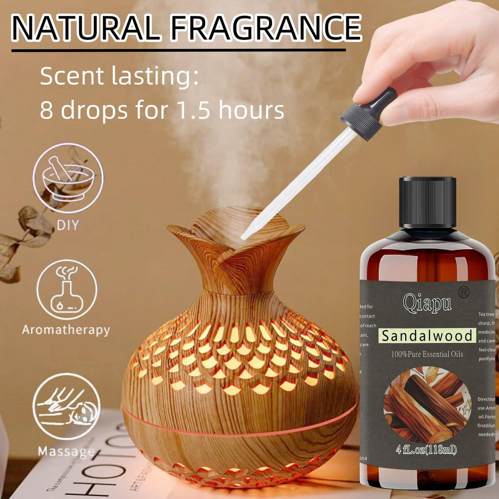 Clear glass bottle labeled sandalwood essential oil