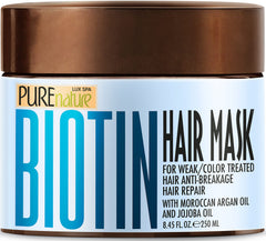 Pure Nature Lux Spa Biotin Hair Mask bottle being poured for hydration and volume