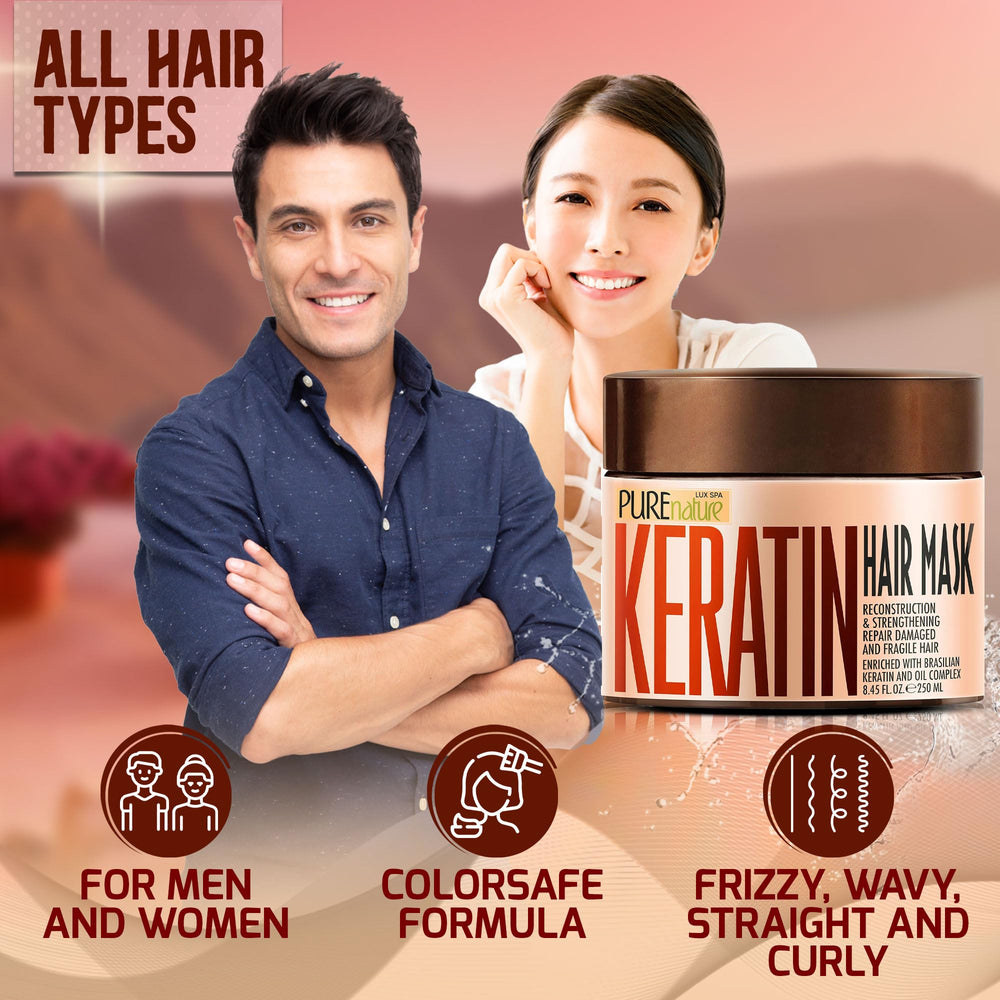 Pure Nature Lux Spa Keratin Hair Mask bottle demonstrating moisture-locking for smoother strands.