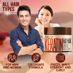 Pure Nature Lux Spa Keratin Hair Mask bottle demonstrating moisture-locking for smoother strands.