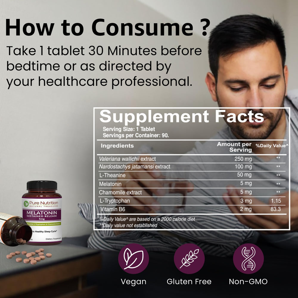 Non-GMO sleep support packaging for Pure Nutrition Melatonin 5mg