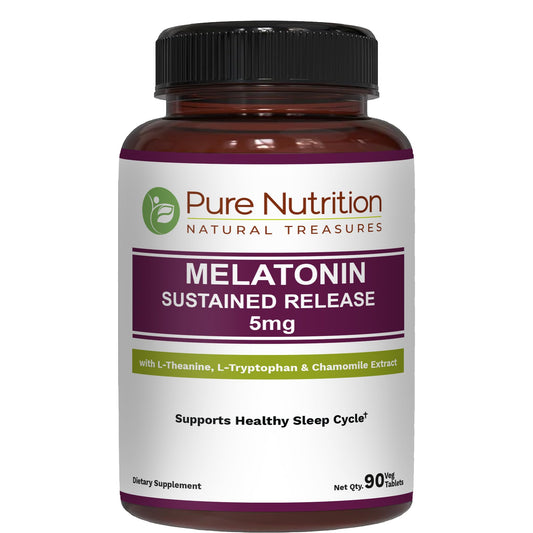 Bottle of Pure Nutrition Melatonin 5mg with Valeriana wallichii and 90 tablets