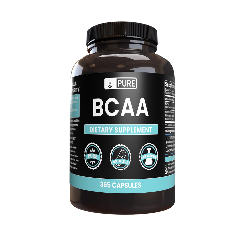 Front view of Pure Original Ingredients BCAA 365 capsules bottle