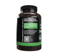 Bottle of chlorella capsules with pure, original ingredients