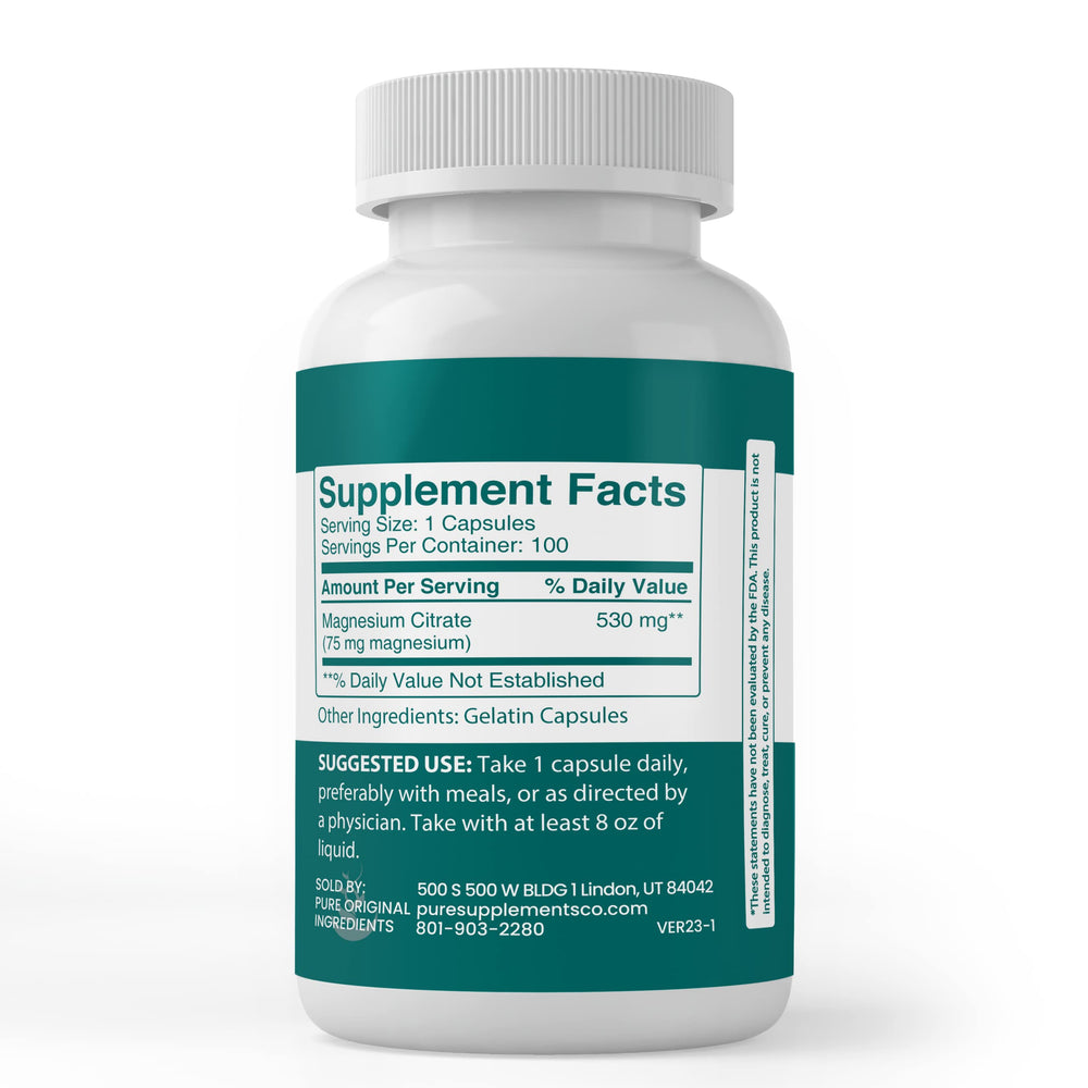 Label displaying no additives or fillers for Pure Original Magnesium Citrate