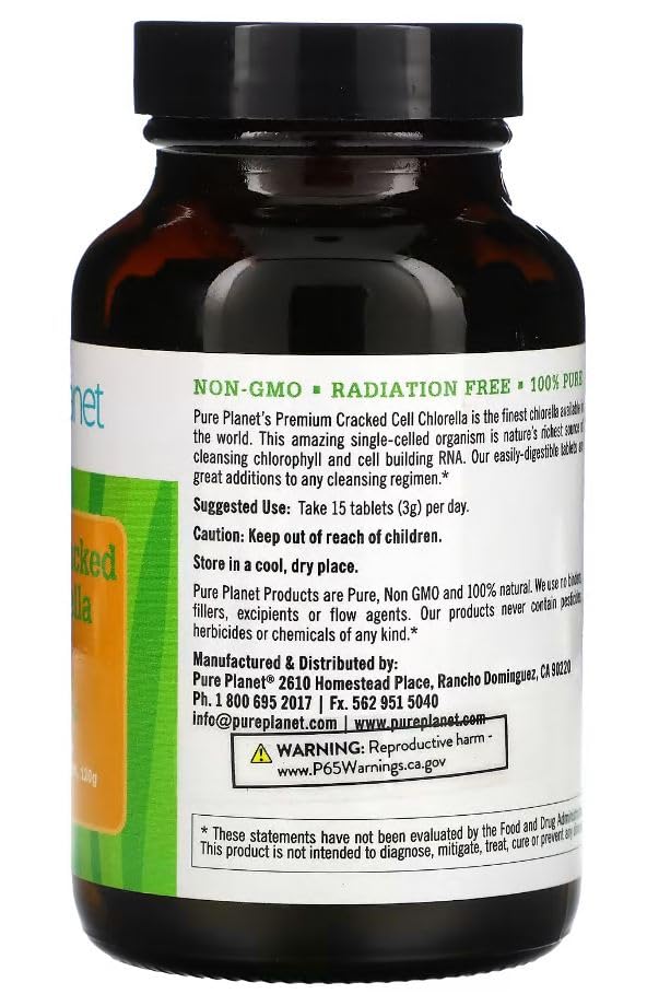Back view of Pure Planet Cracked Cell Chlorella Organic packaging showing details