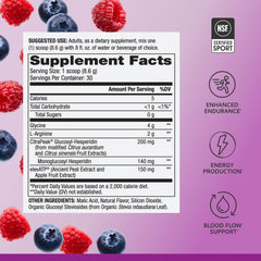 Nutrition facts panel for Pure Power Endurance Berry Blast