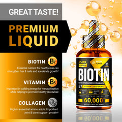 Pure Research Biotin & Collagen Drops label emphasizing 60,000 mcg potency