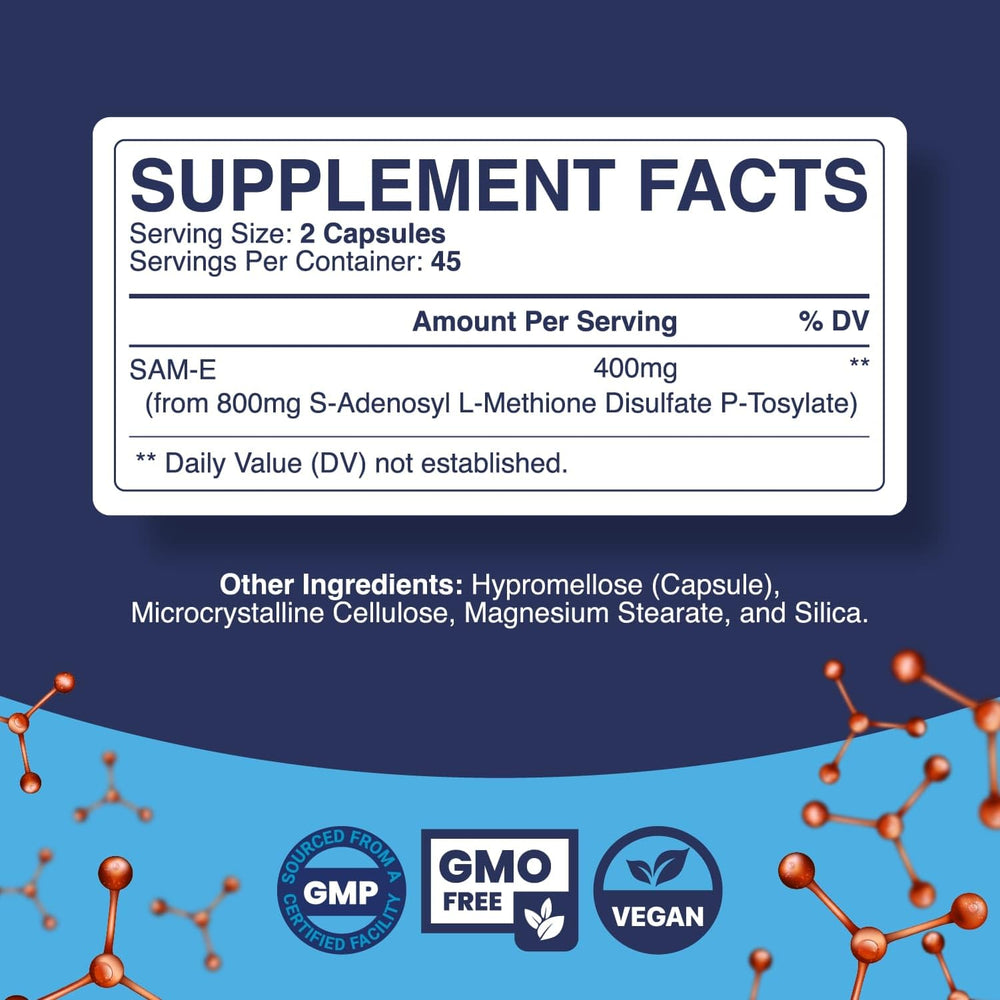 Close-up of Pure SAM E 400mg capsules