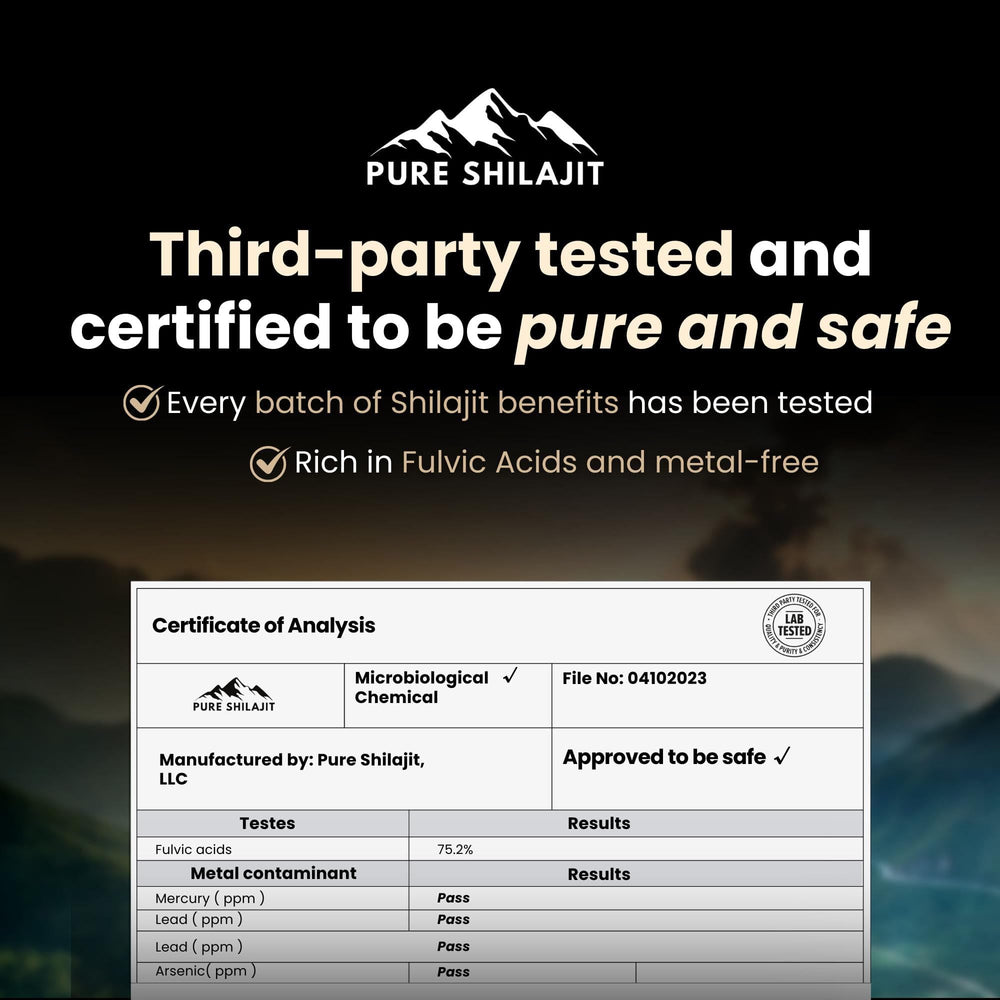 Label highlighting 85+ trace minerals on Shilajit packaging