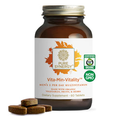 Pure Synergy Vita-Min-Vitality bottle with tablets for daily energy.