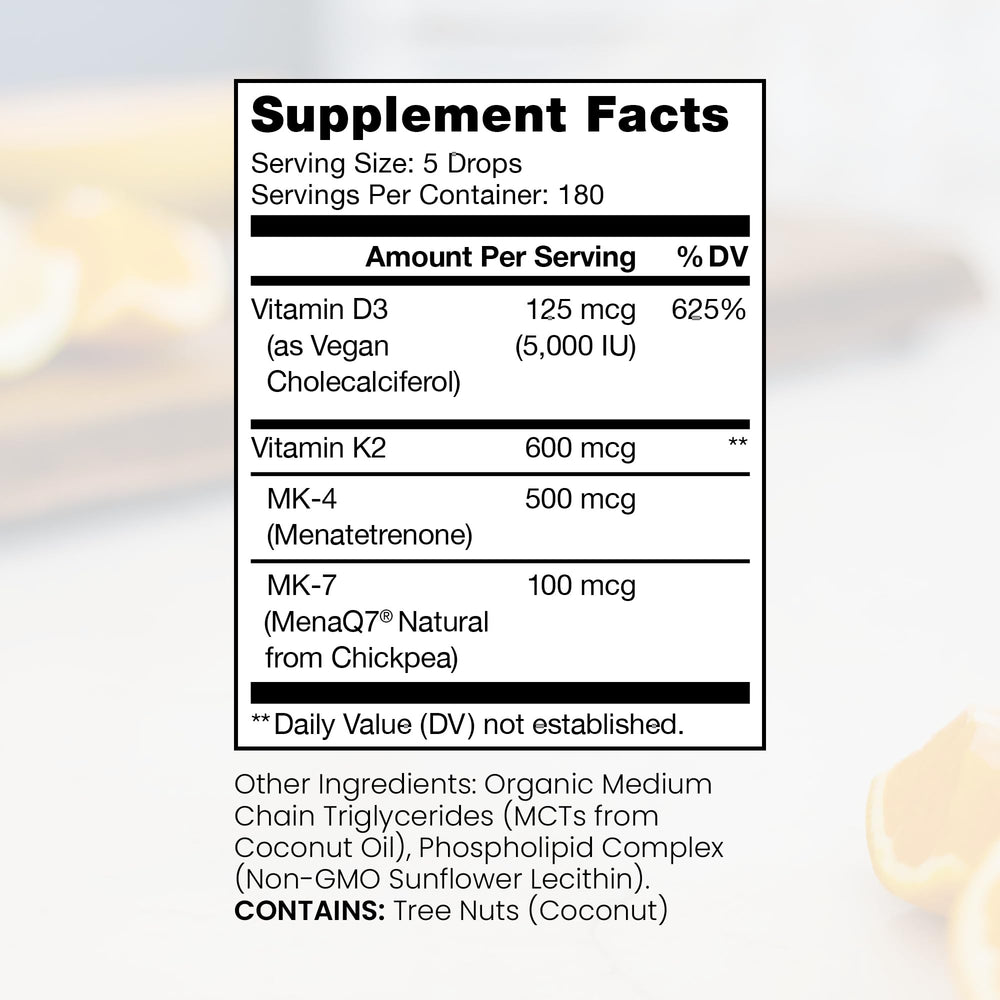 Close-up of liposomal D3 + K2 bottle label showing 5,000 IU
