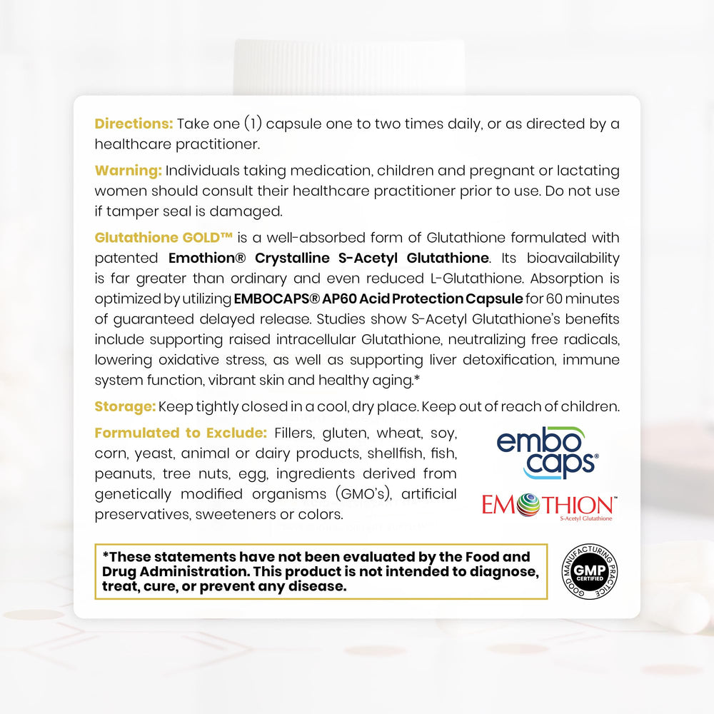 Pure Therapro Rx S-Acetyl Glutathione Gold label detailing EMOTHION patented form and vegan capsules