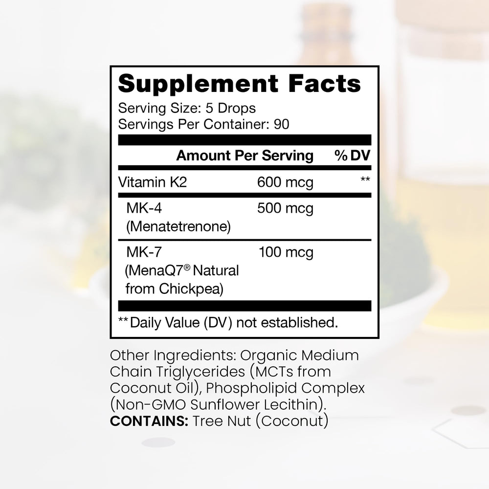 Dropper dispensing vegan Vitamin K2 liposomal drops showing 600mcg MK4 & MK7