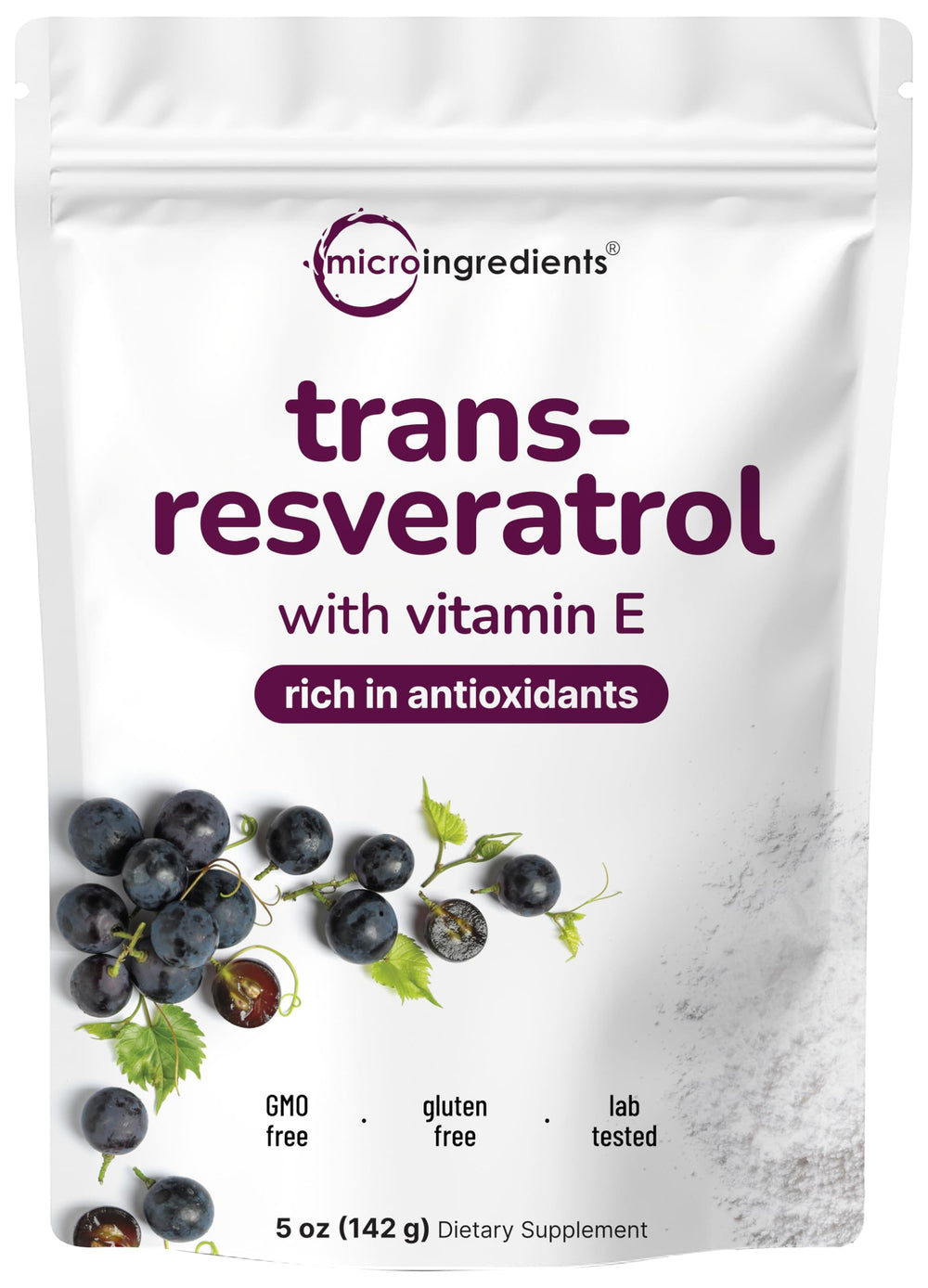 Bottle label of Pure Trans-Resveratrol Powder with Vitamin E, 5 oz
