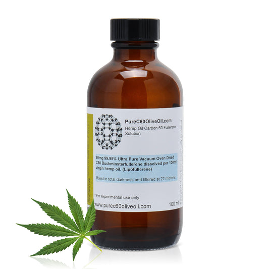 Front view of PureC60OliveOil Carbon 60 Hemp Seed Oil in an amber glass bottle
