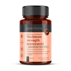 Bottle of Pureclinica 1000mg Resveratrol with 90 tablets for 3 months