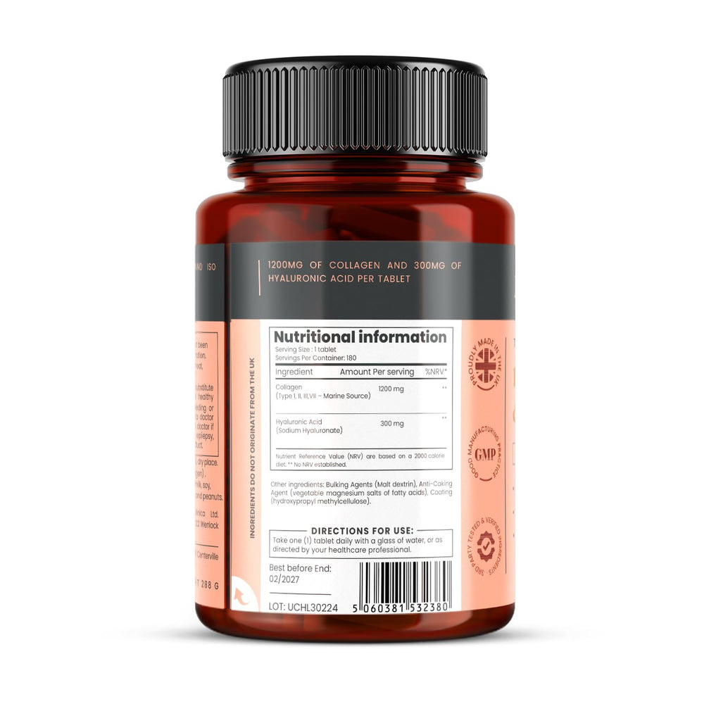 Supplement facts showing 1200mg marine collagen and 300mg hyaluronic acid