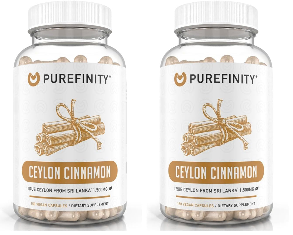 Front view of PUREFINITY Ceylon Cinnamon Capsules bottle showing 1500mg per pack