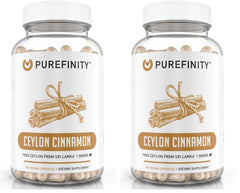 Front view of PUREFINITY Ceylon Cinnamon Capsules bottle showing 1500mg per pack