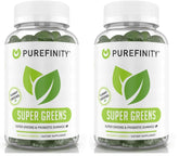 Bottle of PUREFINITY Daily Super Greens Gummies with spirulina and vegetables on the label